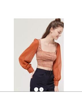 Urban Outfitters Lena Burnt Orange Sheer Sleeve Square Neck Cropped Blouse Large